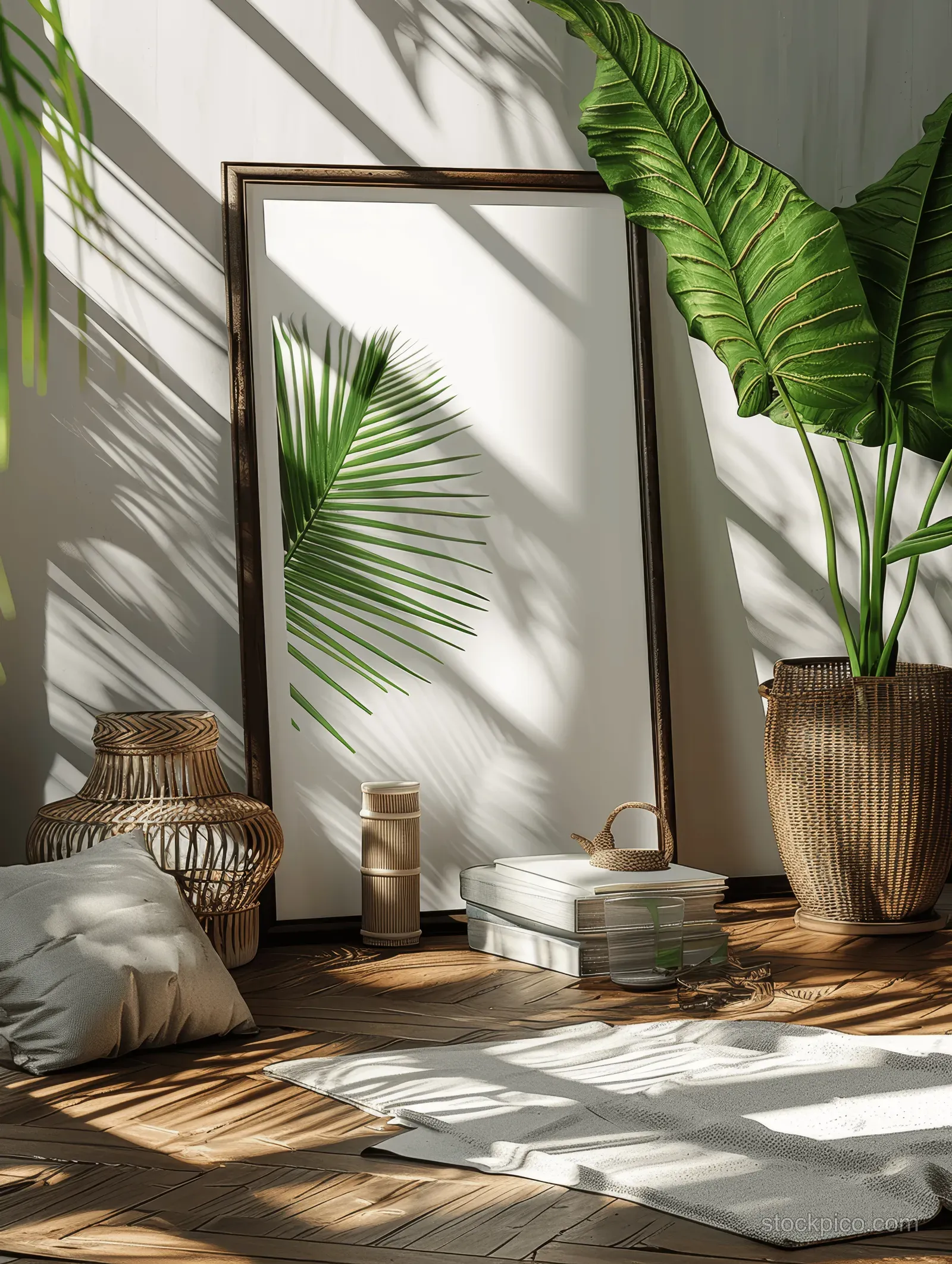 Black framed A4 poster on a sunlit wall with green palm leaves, books, vases, and wooden floor shadows.