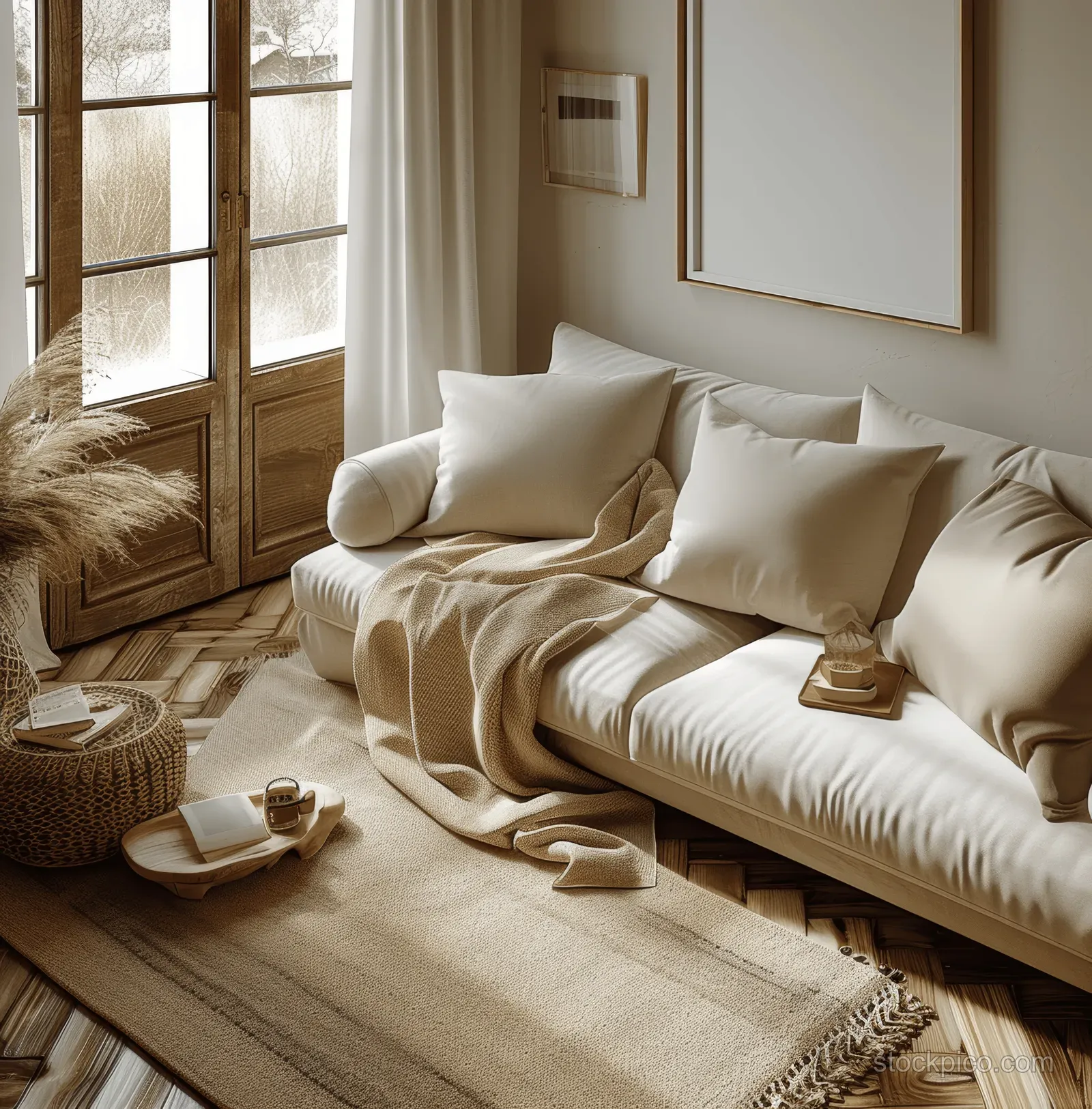 Neutral boho living room with empty sofa, blank wall frame, wicker decor, and sunlight from tall windows.
