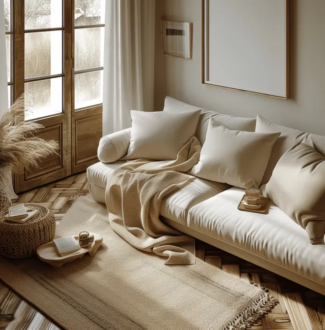 Neutral boho living room with empty sofa, blank wall frame, wicker decor, and sunlight from tall windows.