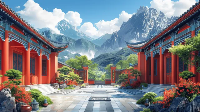 Red Chinese courtyard buildings and flower planters surround a stone walkway with mountains in the background.