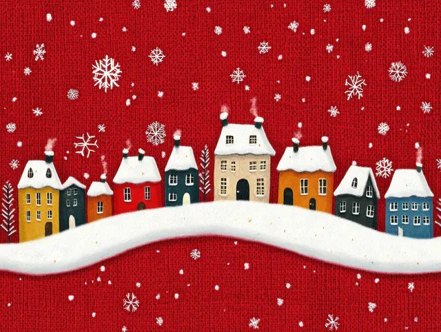 Colorful snowy Christmas village houses on a red knitted fabric background with falling snowflakes.