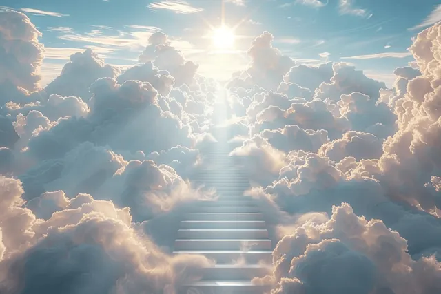 A glowing staircase rises above clouds toward a bright sunbeam in the sky.