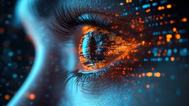Closeup of a glowing cyberpunk eye with circuit patterns and floating data points over the iris.
