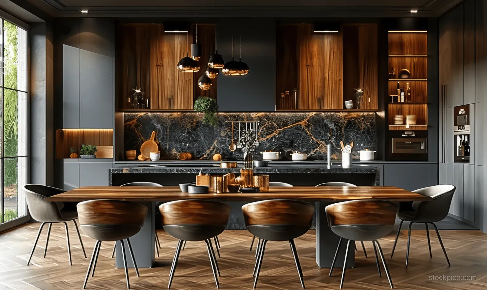 Japandi kitchen interior with a black marble island, wooden dining table, dark gray chairs, and pendant lights.