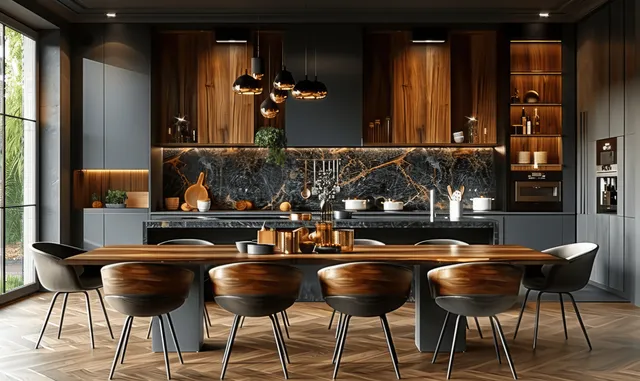 Japandi kitchen interior with a black marble island, wooden dining table, dark gray chairs, and pendant lights.