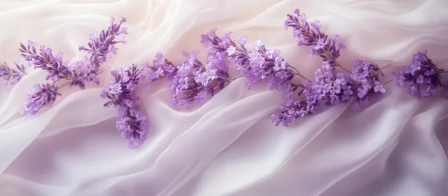Lavender sprigs scattered across flowing white fabric, creating a calm pastel still life