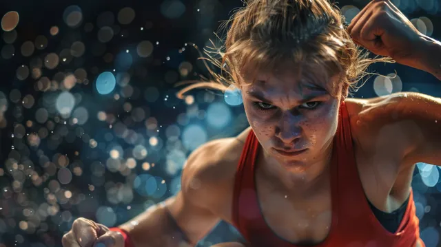 Female freestyle wrestlers grapple in an arena during a dynamic takedown under bright lights.
