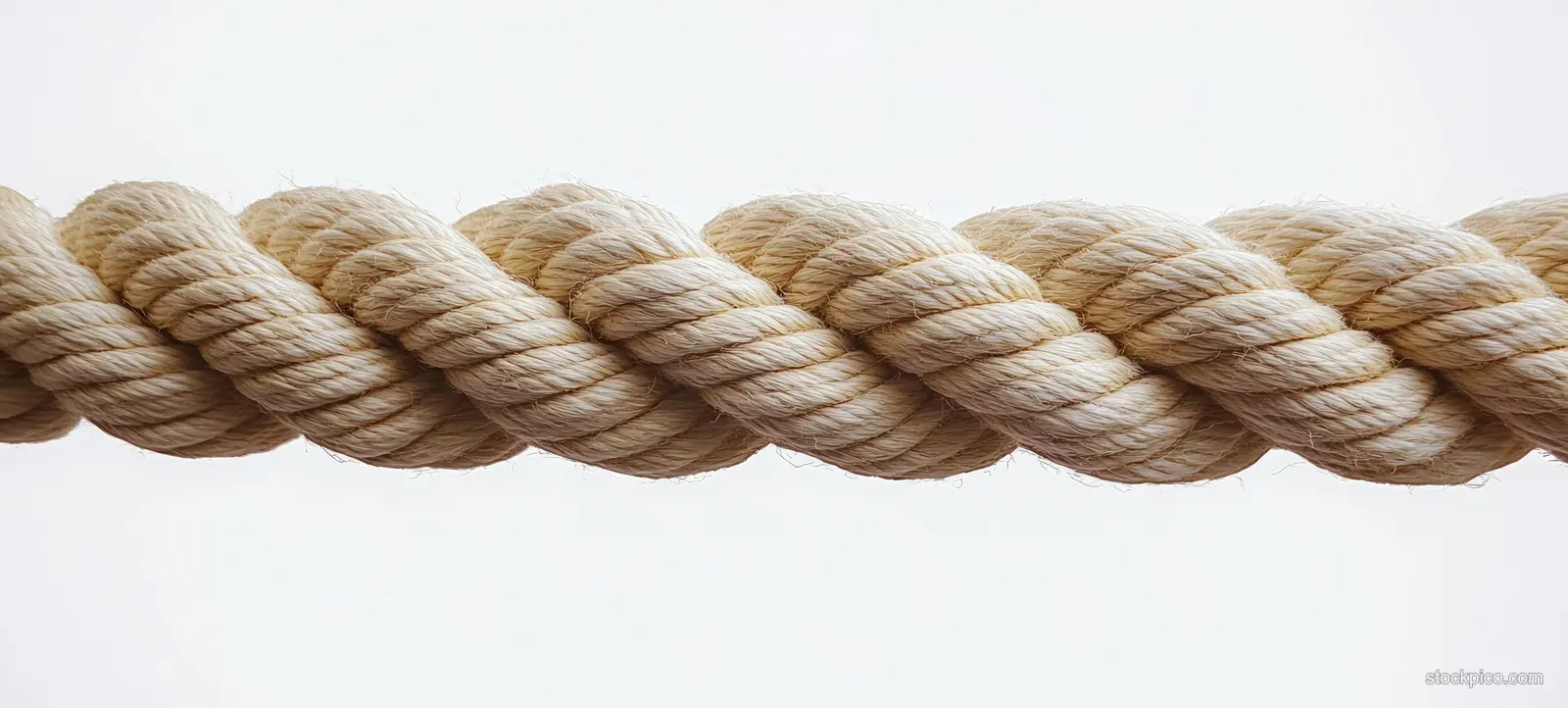 Thick twisted beige rope with visible fibers isolated on a plain white background.