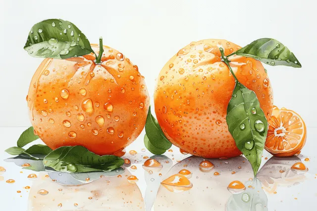 Watercolor oranges with green leaves and juice droplets on clean white tabletop