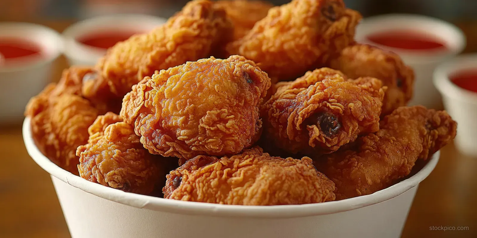 Crispy golden fried chicken wings in a bowl with blurred dipping sauce containers in the background.