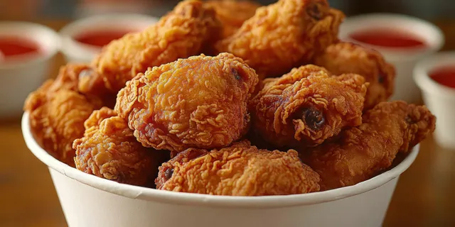 Crispy golden fried chicken wings in a bowl with blurred dipping sauce containers in the background.