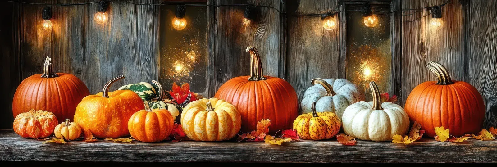Rustic Thanksgiving harvest still life with pumpkins apples gourds corn cobs and candlelit lanterns on wood planks.