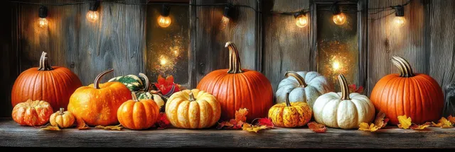 Rustic Thanksgiving harvest still life with pumpkins apples gourds corn cobs and candlelit lanterns on wood planks.