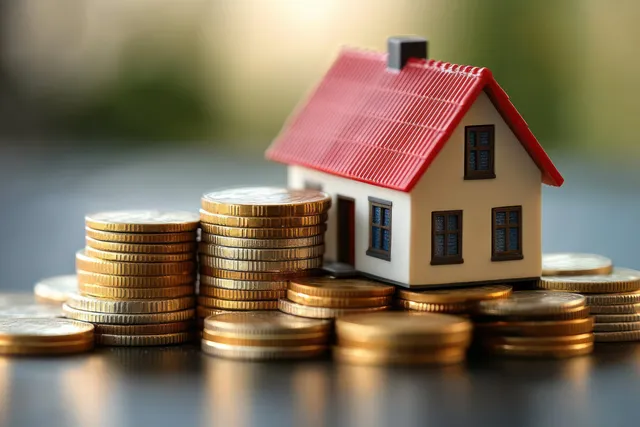 A small model house with a red roof rests on stacked gold coins in a blurred background.