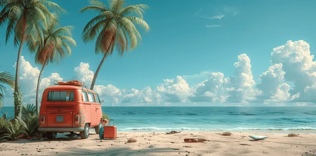3D cartoon beach trip scene with pink campervan, palm trees, chairs, and luggage