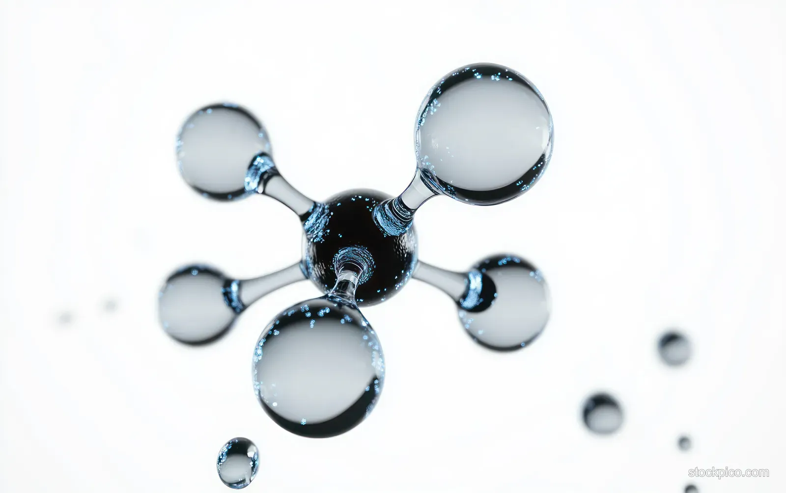 A reflective 3D molecular model of atom spheres connected by cylindrical bonds on a white background.