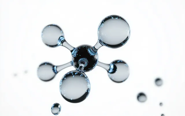 A reflective 3D molecular model of atom spheres connected by cylindrical bonds on a white background.