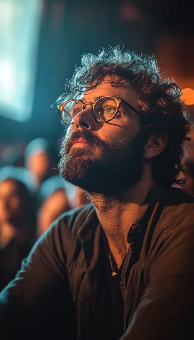 Young bearded man wearing glasses looks upward in warm indoor light while a blurred crowd fills the background.