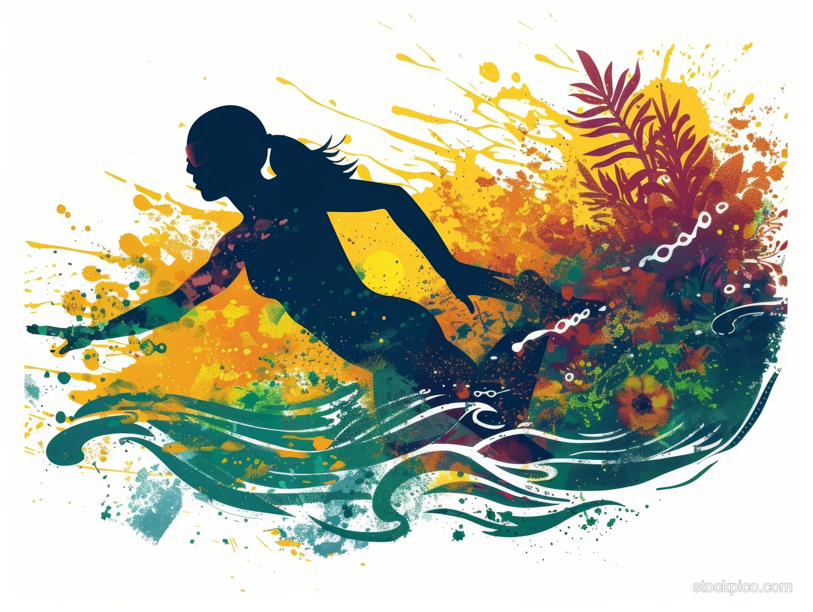 Silhouette of an Australian female swimmer in a splash of water waves with sunset-colored flora around.