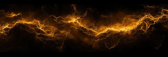 Golden-orange lightning bolts branch across a dark background with glowing electric arcs and sparks.