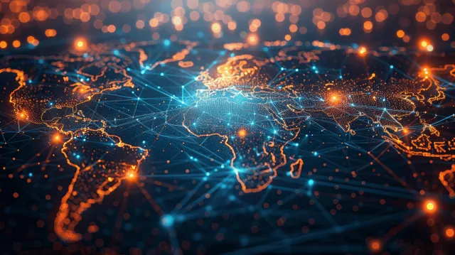A futuristic world map displays blue and orange network paths illustrating global connectivity and data transfer.