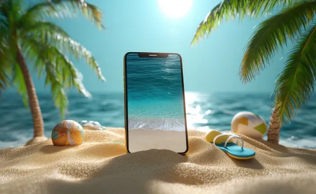 Smartphone on golden sand at a tropical beach with palm trees, ocean water, seashells, and sandals.