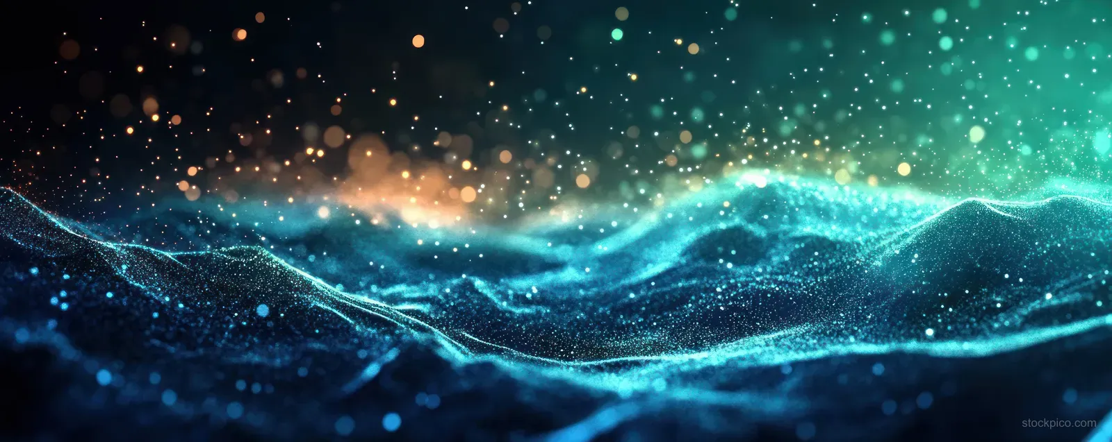 Glowing futuristic ocean waves with sparkling particles and teal-blue light shimmering across the water surface.