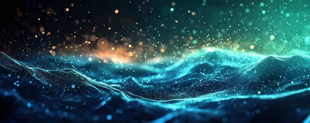Futuristic ocean wave glows with luminous particles and ethereal teal-blue light