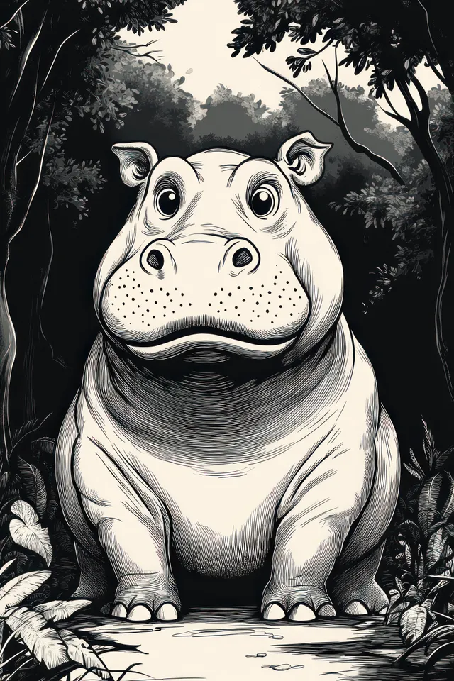 A detailed black and white portrait of a curious hippopotamus in a serene forest setting.