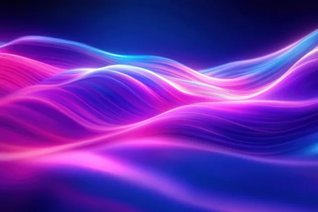 Neon wave light ribbons in purple, pink, and blue flowing across a dark background