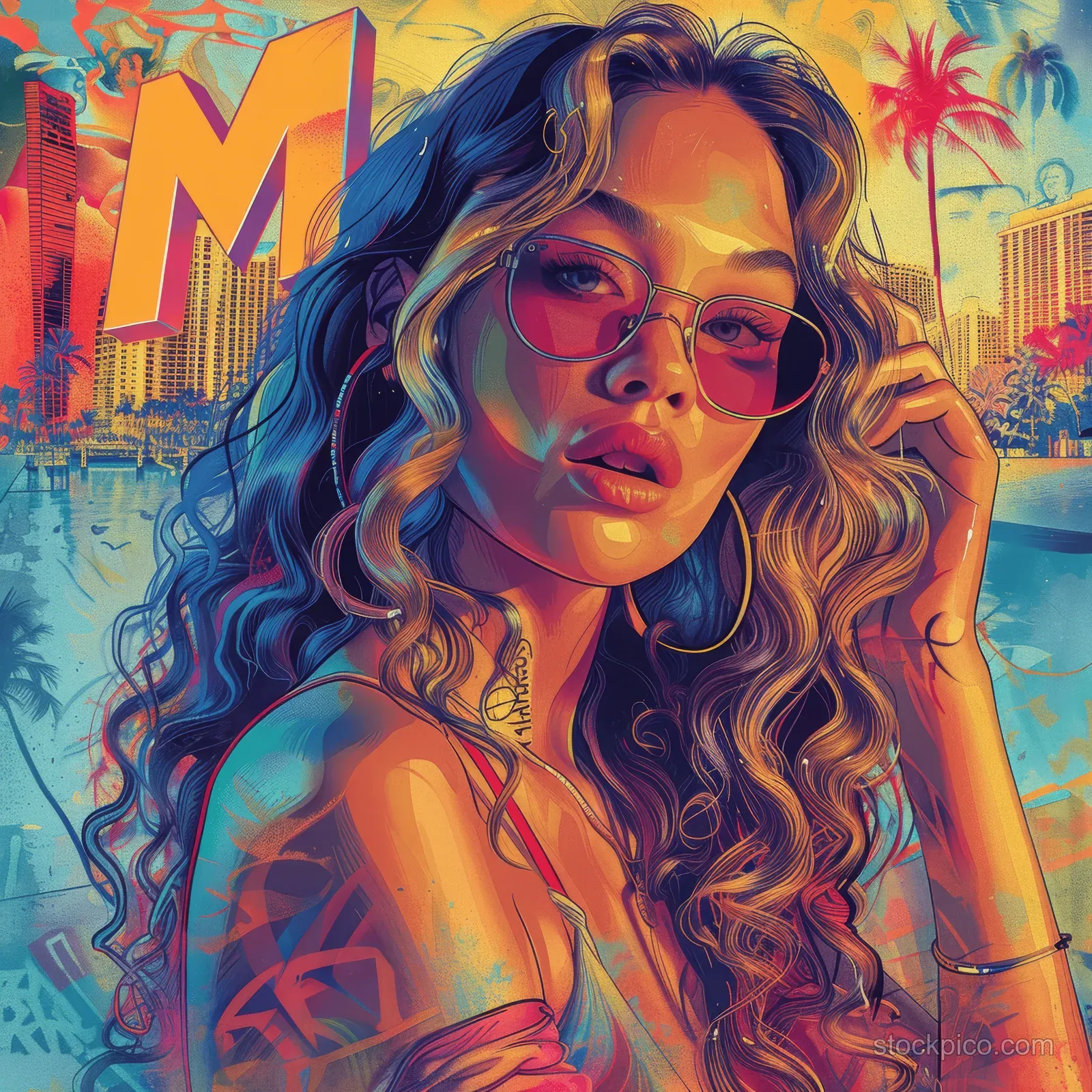 Curly-haired woman wearing sunglasses poses in front of a colorful psychedelic Miami cityscape with palm trees.