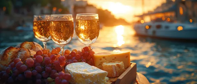 Two filled wine glasses rest on a sailboat table with grapes, bread, and cheese at sunset.