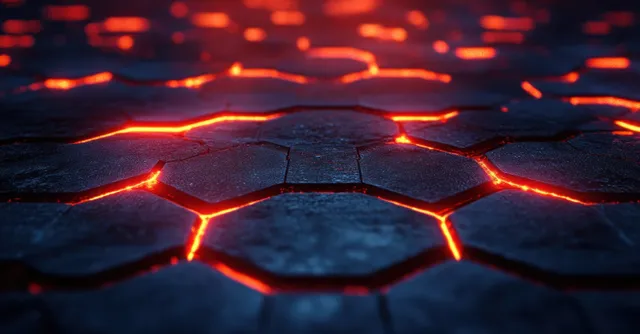 Futuristic hexagonal tile floor glowing red edges with geometric grid patterns in cyberpunk lighting
