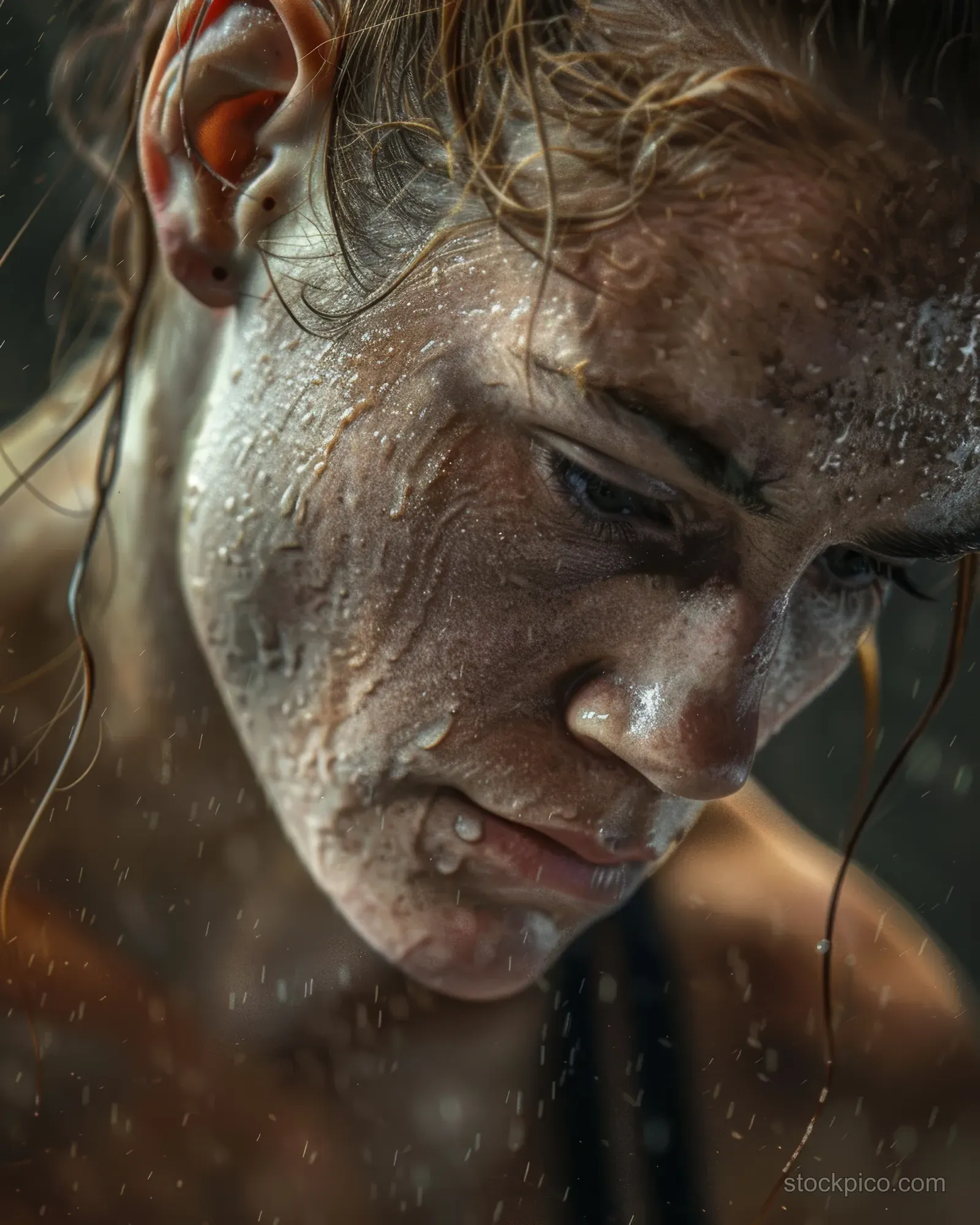 A determined female wrestler in the 57 kg category close-up, dust on her face and intense focus.