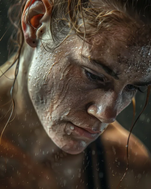 Determined female wrestler in 57 kg match, close-up on dusty wrestling face