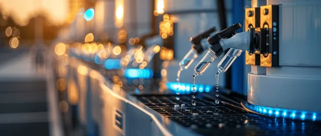 Automated filling nozzles dispense liquid into vials on a blue-lit pharmaceutical production line.