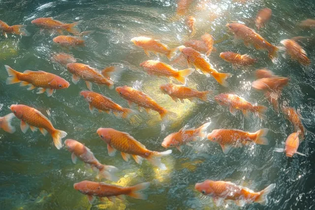 Colorful koi fish swim gracefully in a sunlit pond, showcasing vibrant orange and red hues against clear water.