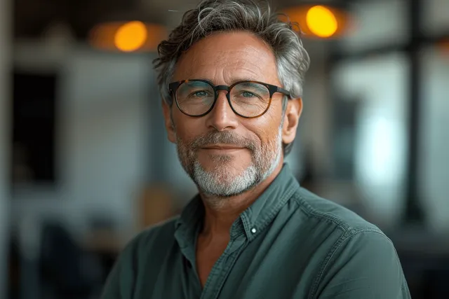 A middle-aged businessman in a green shirt smiles in an office with window light in the background.