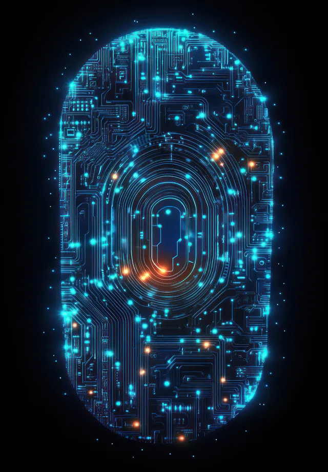Neon fingerprint made of glowing circuit lines in blue and orange on a dark background.