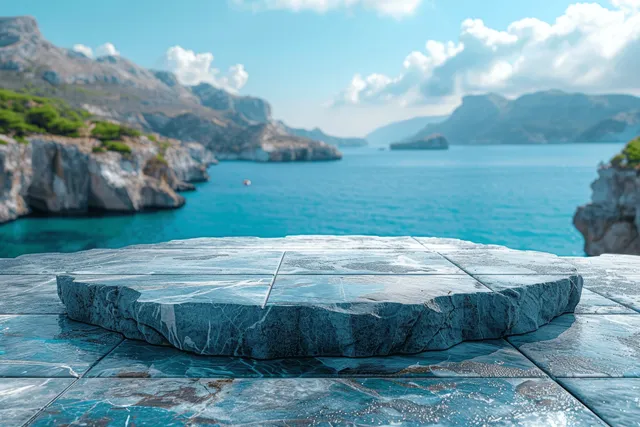 Empty white marble platform on a terrace with a blurred blue sea and sky in the background.