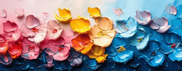 Rose petals in pink, yellow, and blue scattered over a pastel gradient background.