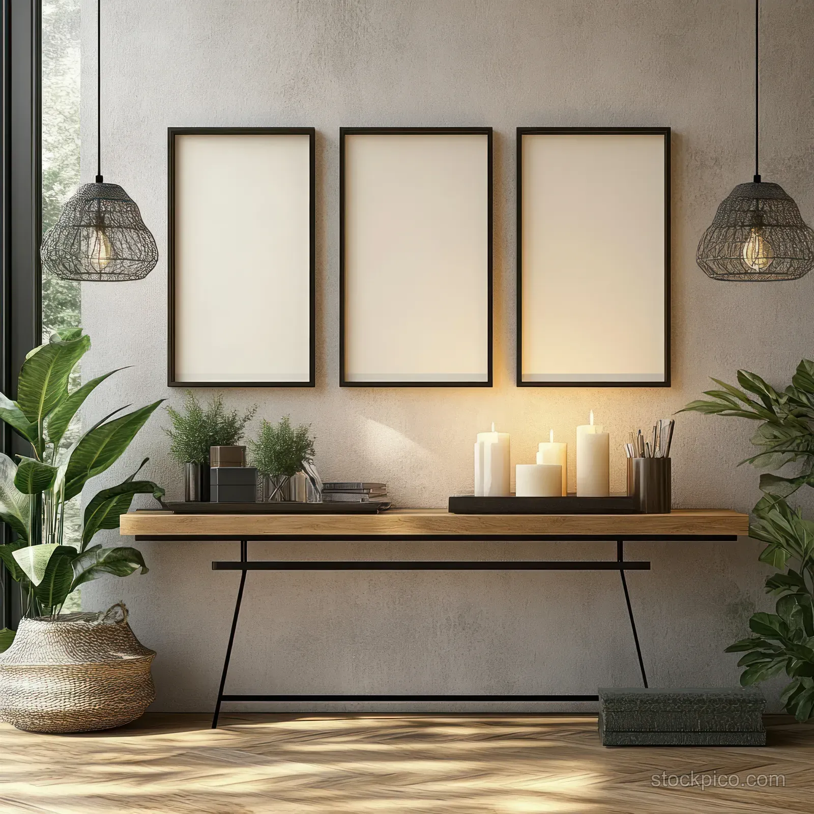 Scandinavian console table against a light wall with empty black frames, lit candles, and potted plants.