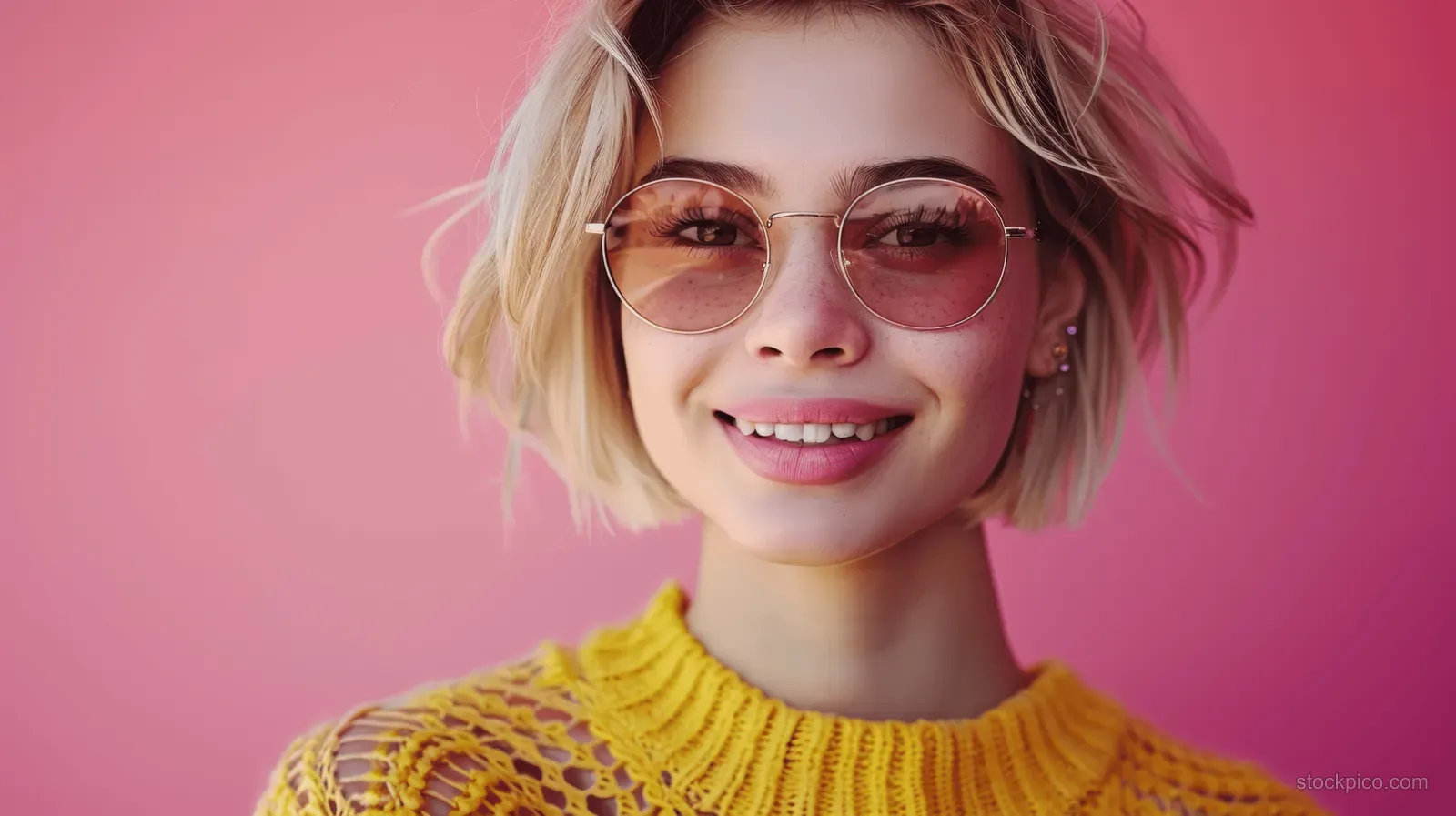 A blonde woman with short hair smiles in round sunglasses and a yellow sweater against a pink background.
