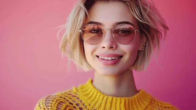 A blonde woman with short hair smiles in round sunglasses and a yellow sweater against a pink background.