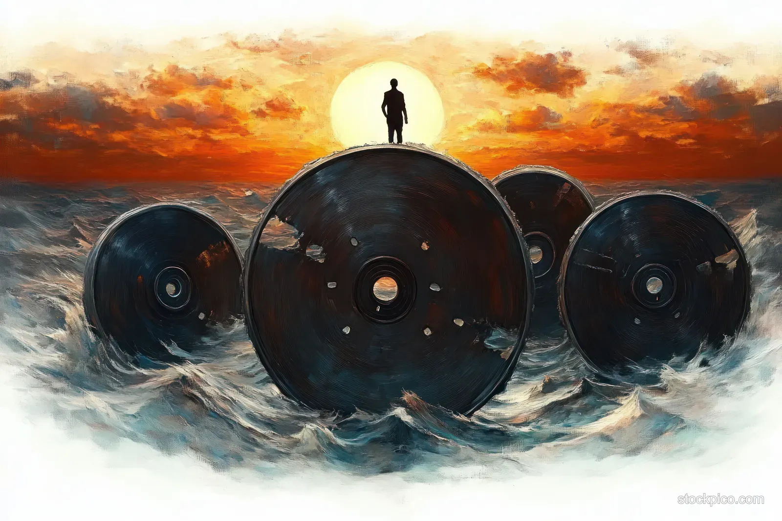 A silhouetted person stands on floating circular discs over rough ocean during an orange-red sunset.
