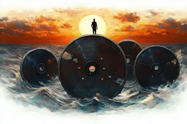 A silhouetted person stands on floating circular discs over rough ocean during an orange-red sunset.