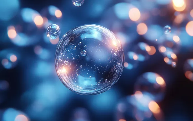 A transparent bubble floats above blurred blue spheres and glowing particles in a dark lab-like background.