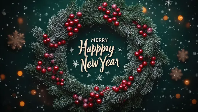 Green pine wreath with red berries and light snow falls on a dark background around a New Year greeting.