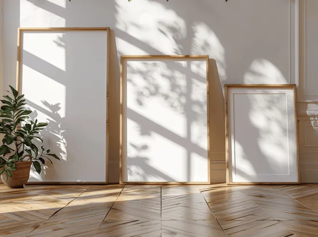 Blank white posters in wooden frames lean on a parquet floor under sunlight casting leaf-like shadows.