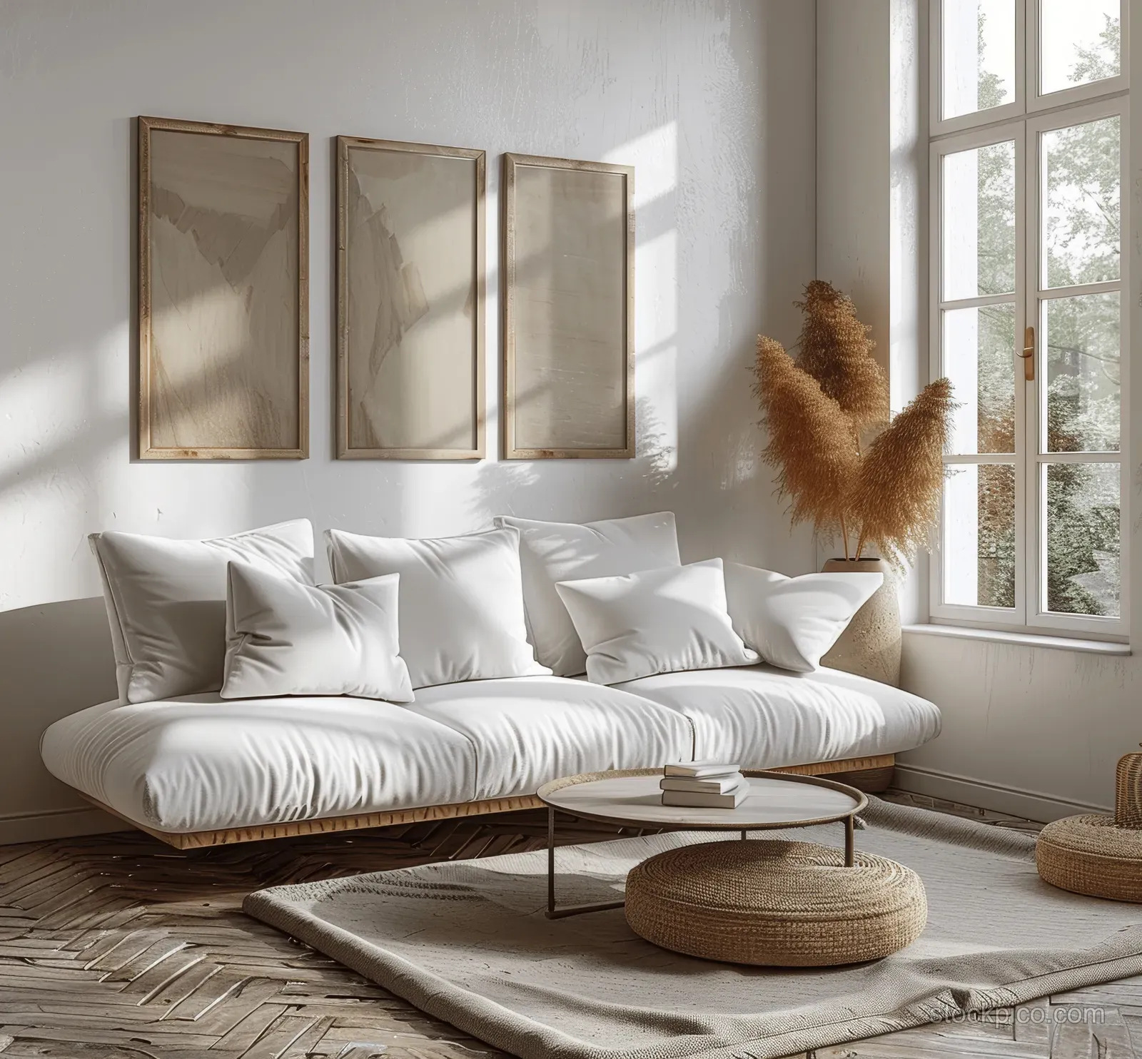 A white sofa sits in a sunlit Scandinavian living room with wooden-framed wall art and a modern coffee table.